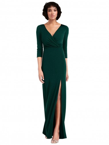 Floor Length 3/4 Sleeves V-Back Draped Wrap Maxi Spandex Formal Dress UK