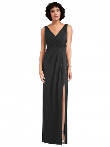 Draped Wrap Maxi Spandex Formal Dress with Front Slit UK