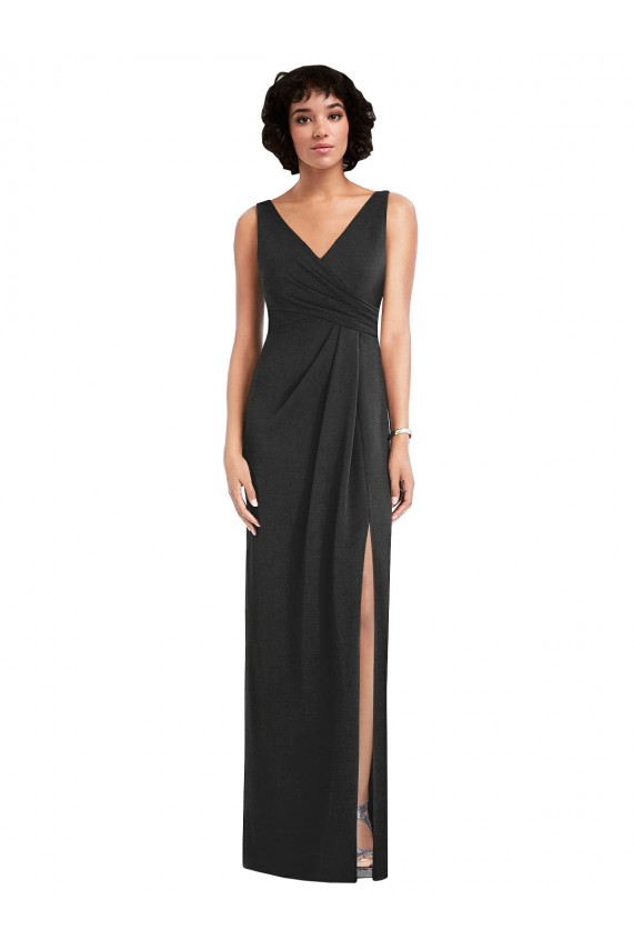 Draped Wrap Maxi Spandex Formal Dress with Front Slit UK