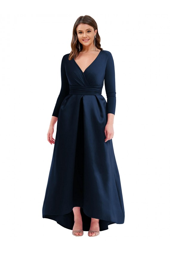 Long Sleeves Wrapped Spandex Formal Dress with High Low Full Skirt and Pockets UK