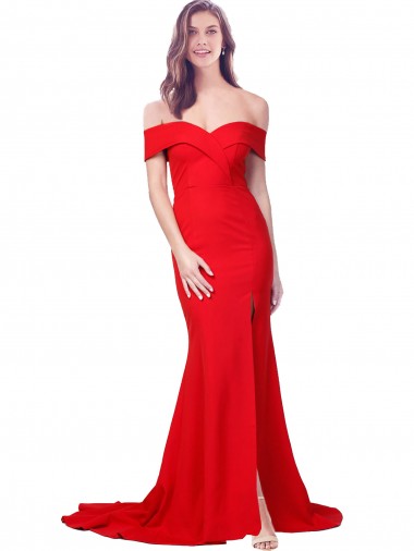 Off the Shoulder Full Length Long Crepe Formal Dress with Side Split UK