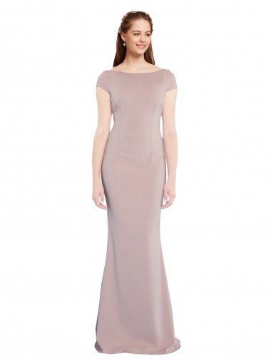 Boat Neck Cap Sleeve Crepe Formal Dress with Plunging Tie Back UK