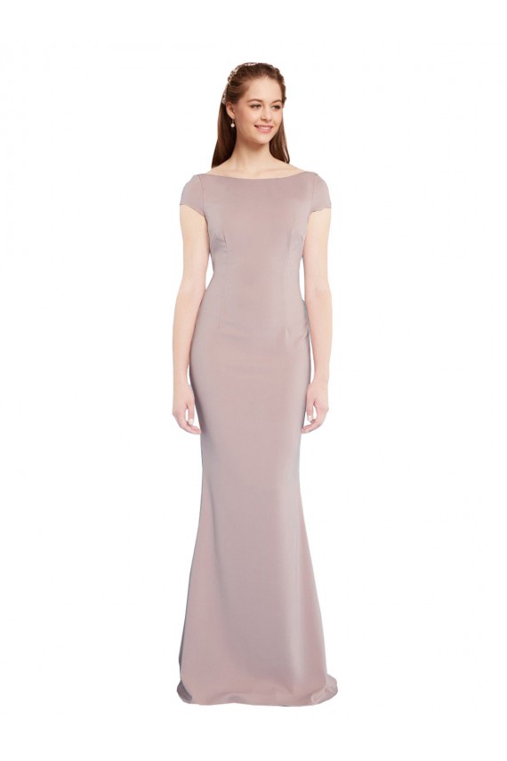 Boat Neck Cap Sleeve Crepe Formal Dress with Plunging Tie Back UK