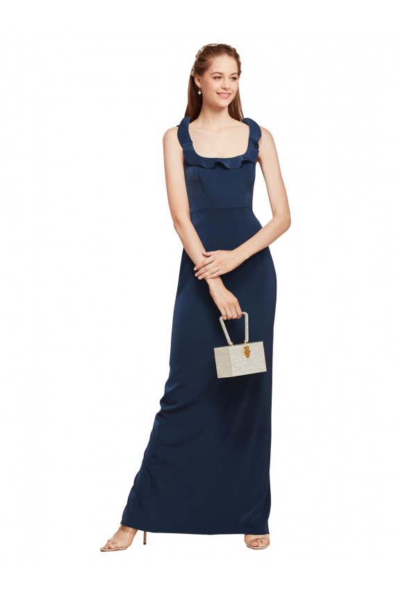 Scoop Neck with Ruffles Long Crepe Formal Dress with Back Slit UK