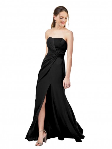 Strapless Fit and Flare Long Crepe Formal Dress with Knot and Slit UK