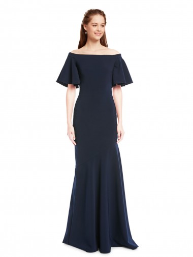 Off the Shoulder Crepe Formal Dress with Short Ruffle Sleeves. UK