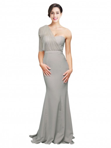 Long Sweep Train Sweetheart Crepe Formal Dress with Tulle One Shoulder UK