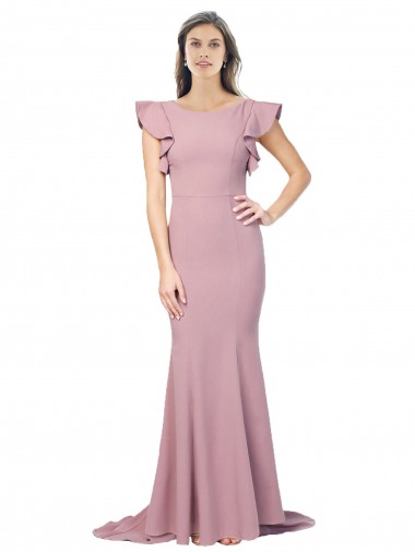 Flutter Sleeves Low V-Back High Round Neck Crepe Formal Dress UK