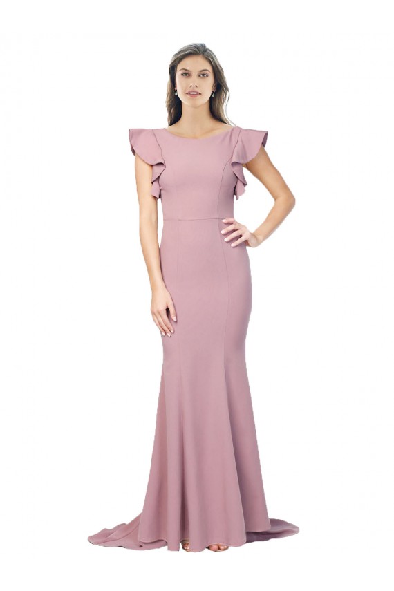 Flutter Sleeves Low V-Back High Round Neck Crepe Formal Dress UK