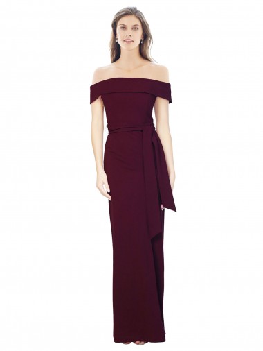 Off the Shoulder Long Crepe Formal Dress with Waist Tie UK