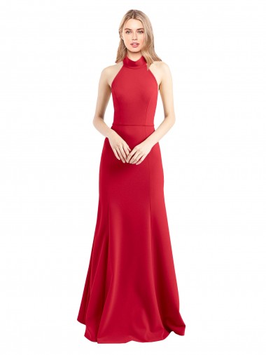 Sleek Fit and Flare High Neck Halter Stretch Crepe Formal Dress with Open Back UK