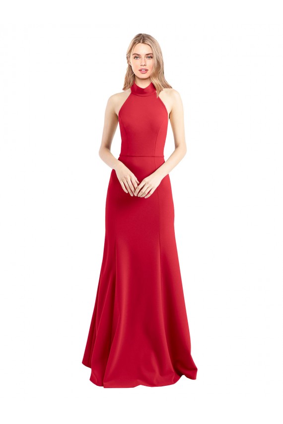 Sleek Fit and Flare High Neck Halter Stretch Crepe Formal Dress with Open Back UK