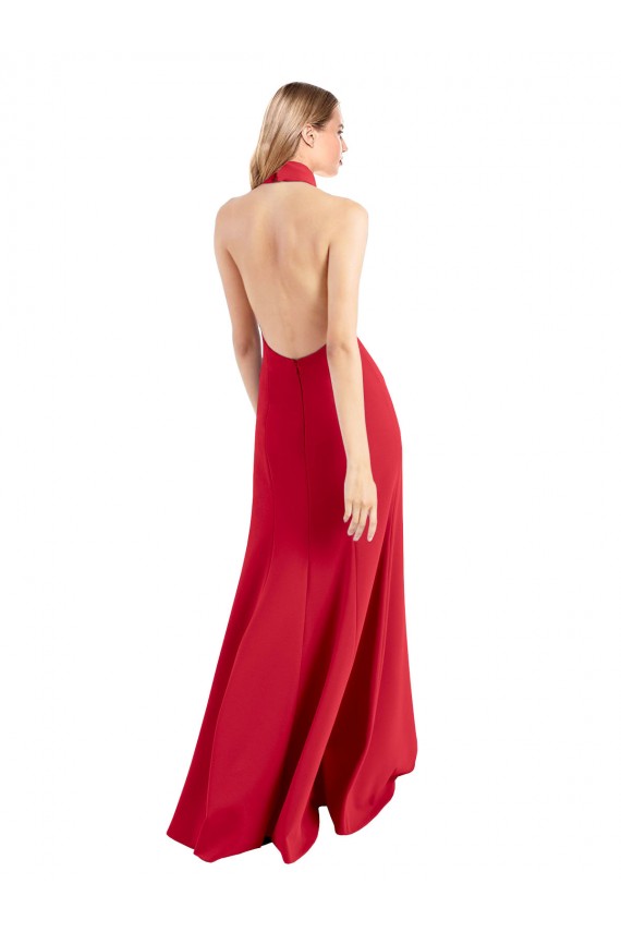 Sleek Fit and Flare High Neck Halter Stretch Crepe Formal Dress with Open Back UK
