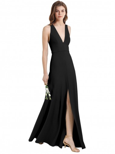 Sleek Halter V-Neck Long A-Line Stretch Crepe Formal Dress with Front Slit UK
