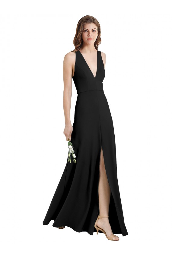 Sleek Halter V-Neck Long A-Line Stretch Crepe Formal Dress with Front Slit UK
