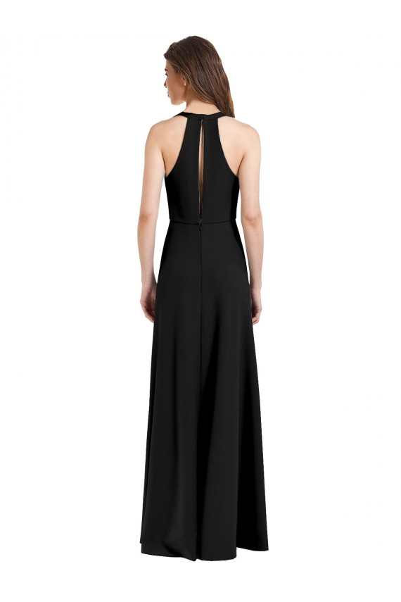Sleek Halter V-Neck Long A-Line Stretch Crepe Formal Dress with Front Slit UK