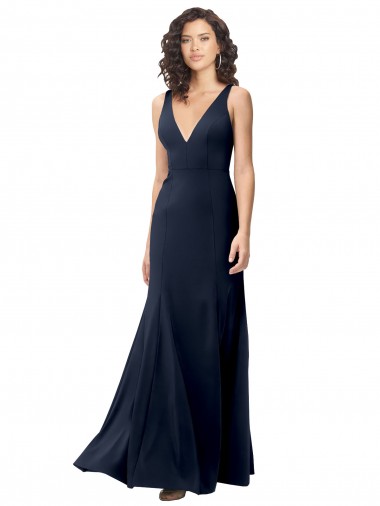 Classic V-Neck Long Stretch Crepe Formal Dress with V-Back UK