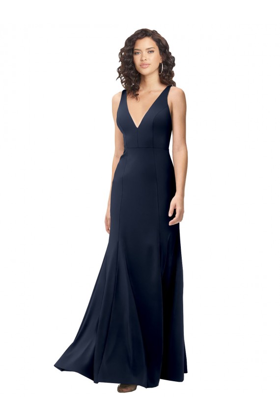 Classic V-Neck Long Stretch Crepe Formal Dress with V-Back UK