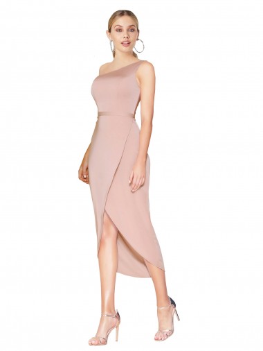 Knee Length One Shoulder Crepe Short Wrap Cocktail Formal Dress UK