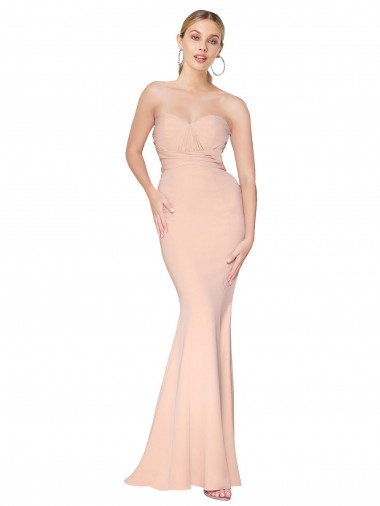 Sweetheart Shirred Neck Long Floor Length Crepe Formal Dress UK