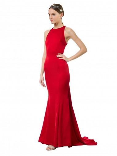 High Neck Mermaid Open Back Crepe Maxi Formal Dress with Train Detail UK