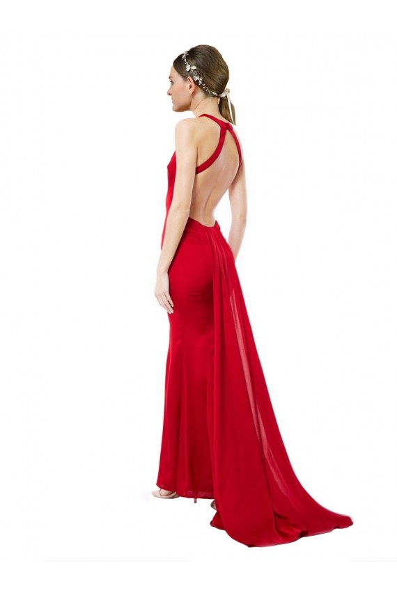 High Neck Mermaid Open Back Crepe Maxi Formal Dress with Train Detail UK