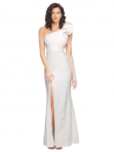 One Shoulder Long Full Length Crepe Formal Dress with Ruffles and Side Split UK