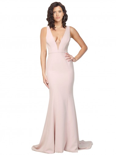 Deep Plunging V-Neckline Full Length Crepe Formal Dress with Deep V-Backline UK