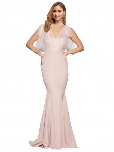 Double Bow Full Length Sweetheart Crepe Formal Dress with Tulle Overlay UK