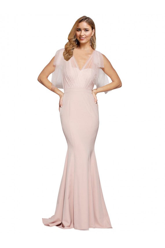 Double Bow Full Length Sweetheart Crepe Formal Dress with Tulle Overlay UK
