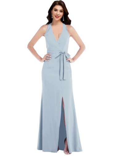 Open Back Halter Maxi Crepe Formal Dress with Draped Bow UK