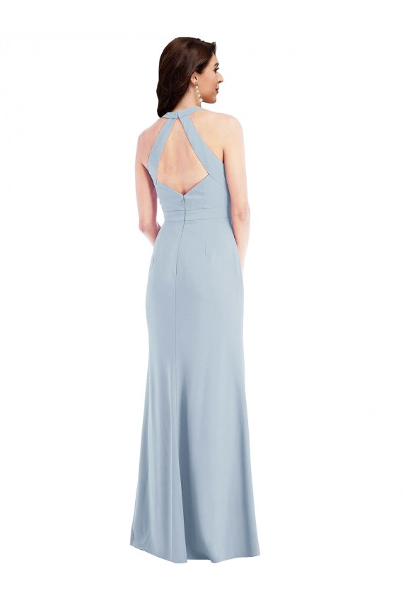 Open Back Halter Maxi Crepe Formal Dress with Draped Bow UK