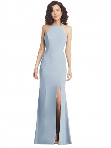 High Neck Halter Crepe Formal Dress with Twist Criss Cross Back UK