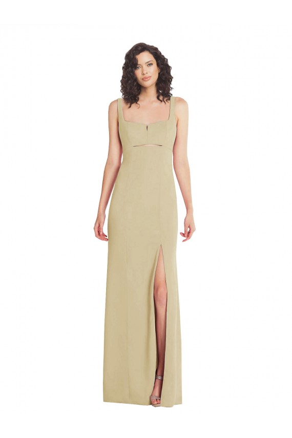 Wide Strap Slash Cutout Empire Crepe Formal Dress with Front Slit UK