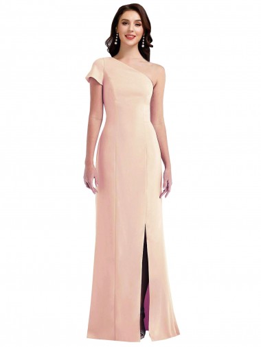One Shoulder Cap Sleeves Trumpet Crepe Formal Dress with Front Slit UK