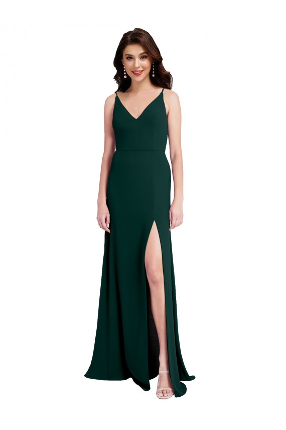 Slim A-Line V-Neck Full Length Crepe Formal Dress with Side Slit UK