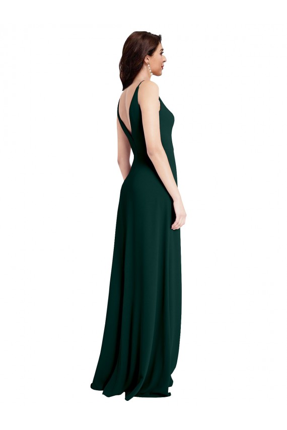 Slim A-Line V-Neck Full Length Crepe Formal Dress with Side Slit UK