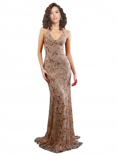 Floral Patterned Backless V-Neckline Sequin Formal Dress UK