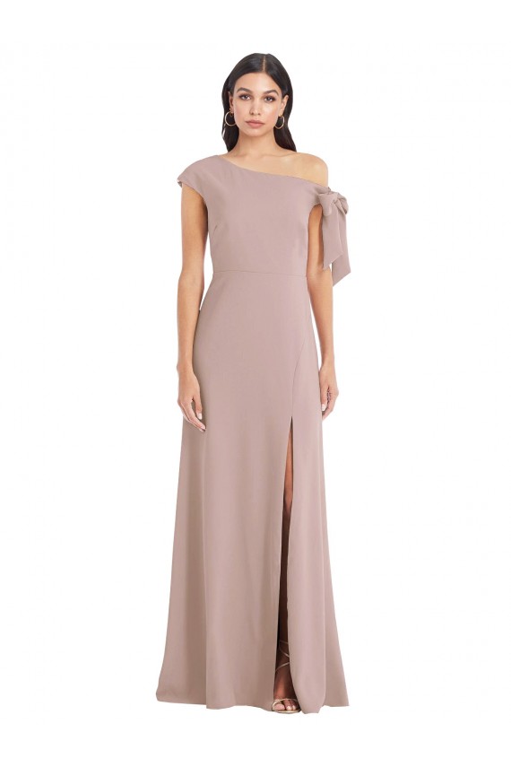 Off the Shoulder Tie Detail Maxi Crepe Formal Dress with Front Slit UK