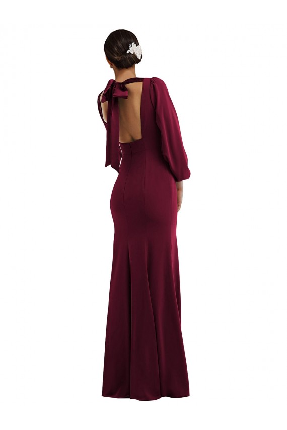 Bishop Sleeve Open Back Trumpet Crepe Formal Dress with Scarf Tie UK
