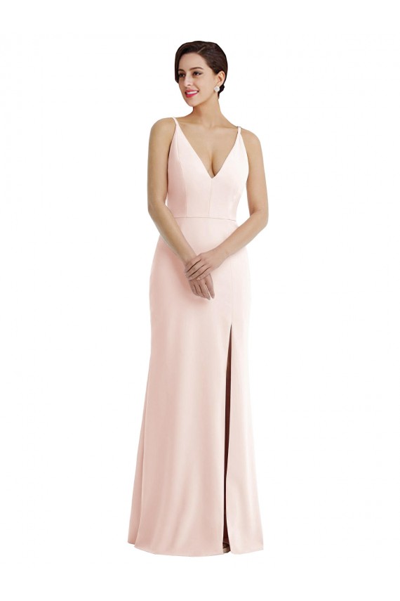 Skinny Strap Deep V-Neck Trumpet Crepe Formal Dress with Front Slit UK