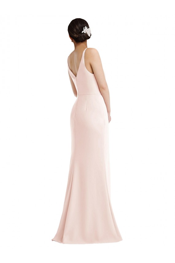 Skinny Strap Deep V-Neck Trumpet Crepe Formal Dress with Front Slit UK
