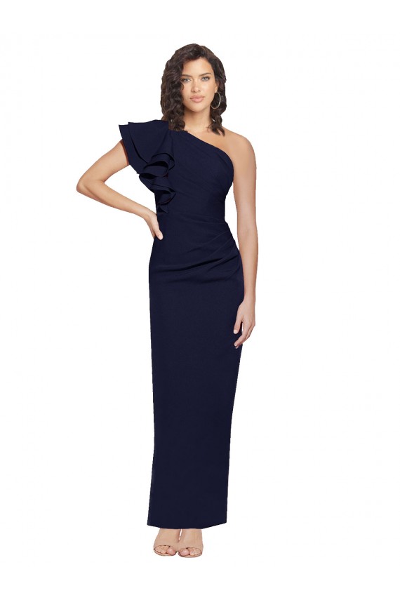 Ruched Floor Length Long Crepe Formal Dress with Shoulder Ruffles UK