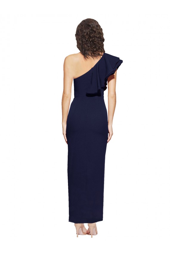 Ruched Floor Length Long Crepe Formal Dress with Shoulder Ruffles UK