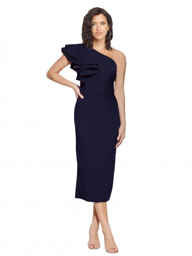 Ruched Midi Length Short Crepe Cocktail Formal Dress with Shoulder Ruffles UK