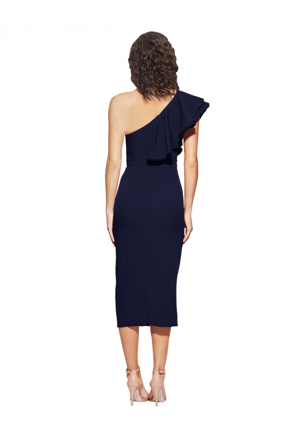 Ruched Midi Length Short Crepe Cocktail Formal Dress with Shoulder Ruffles UK