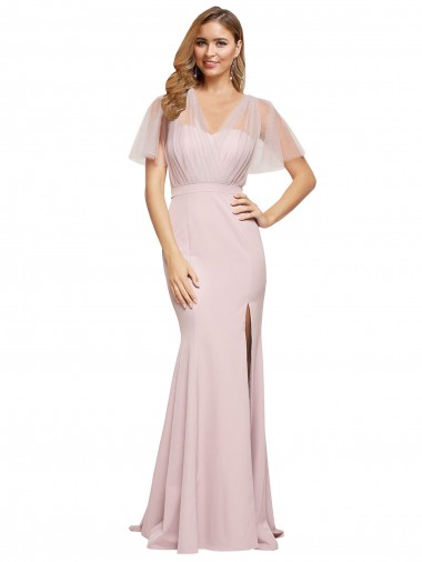 Crepe Long Sweetheart Neckline Formal Dress with Tulle Overlay Shoulders UK