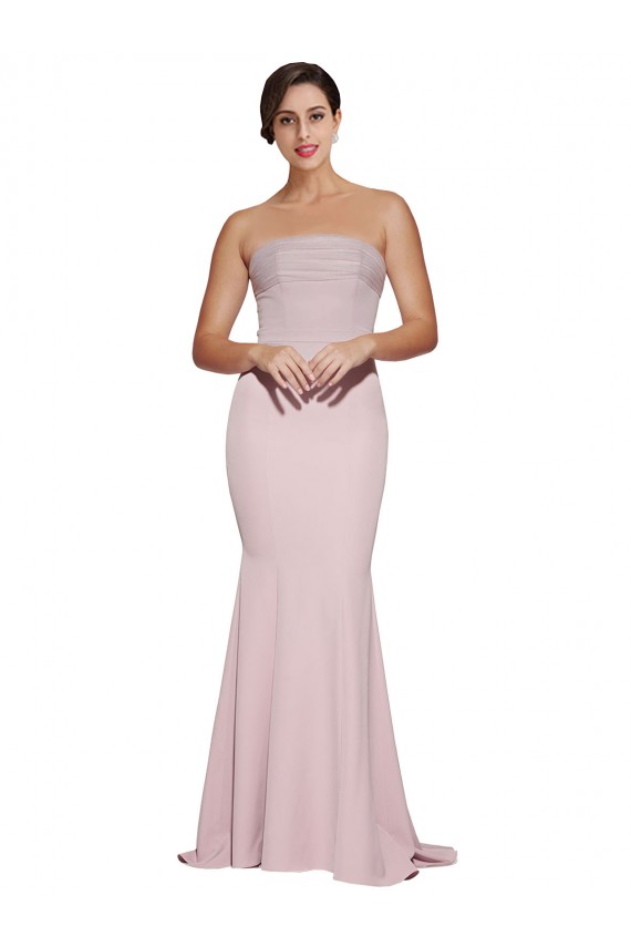 Straight Neck Long Strapless Crepe Formal Dress with Soft Tulle Overlay and Small Train UK