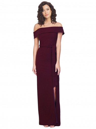 Fitted Full Length Off the Shoulder Crepe Formal Dress with Side Split and Waist Tie UK