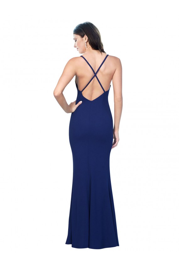 Full Length V-Neckline Crepe Formal Dress with Thin Straps and Fulted Skirt UK